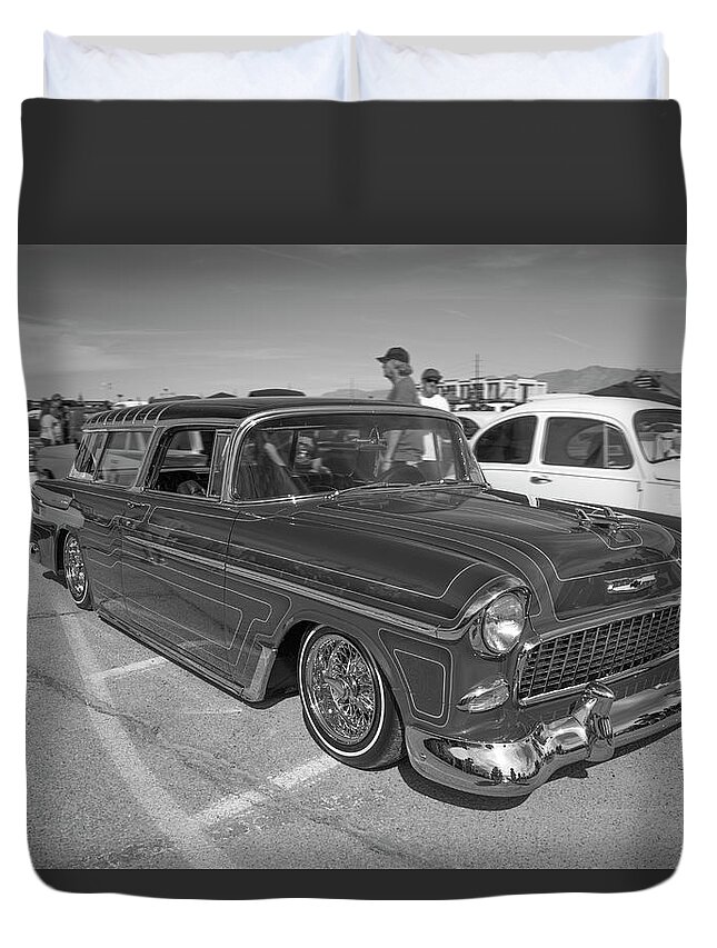 1955 Chevy Wagon Duvet Cover featuring the photograph Monochrome 55 by Darrell Foster
