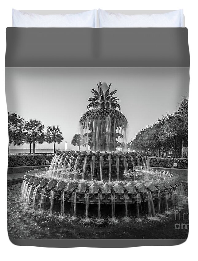Pineapple Fountain Duvet Cover featuring the photograph Monochrome Pineapple Fountain in Charleston by Dale Powell
