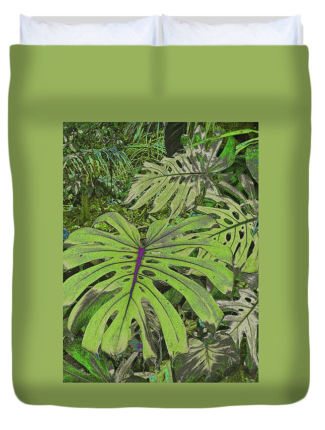 Monstera Leaves Duvet Cover featuring the digital art Monstera Leaves - soft greens by Kerri Ligatich
