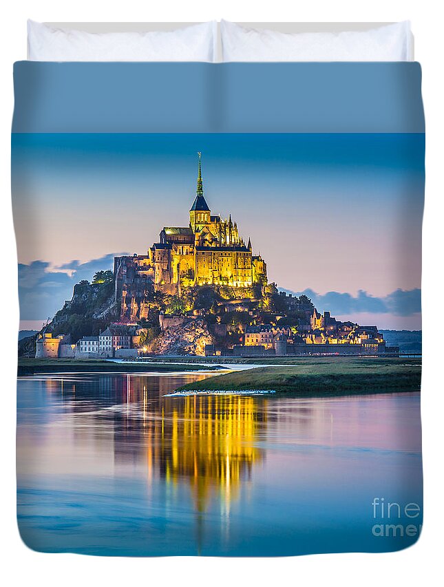 Saint Michael's Mount Duvet Cover featuring the photograph Mont Saint-Michel in twilight by JR Photography