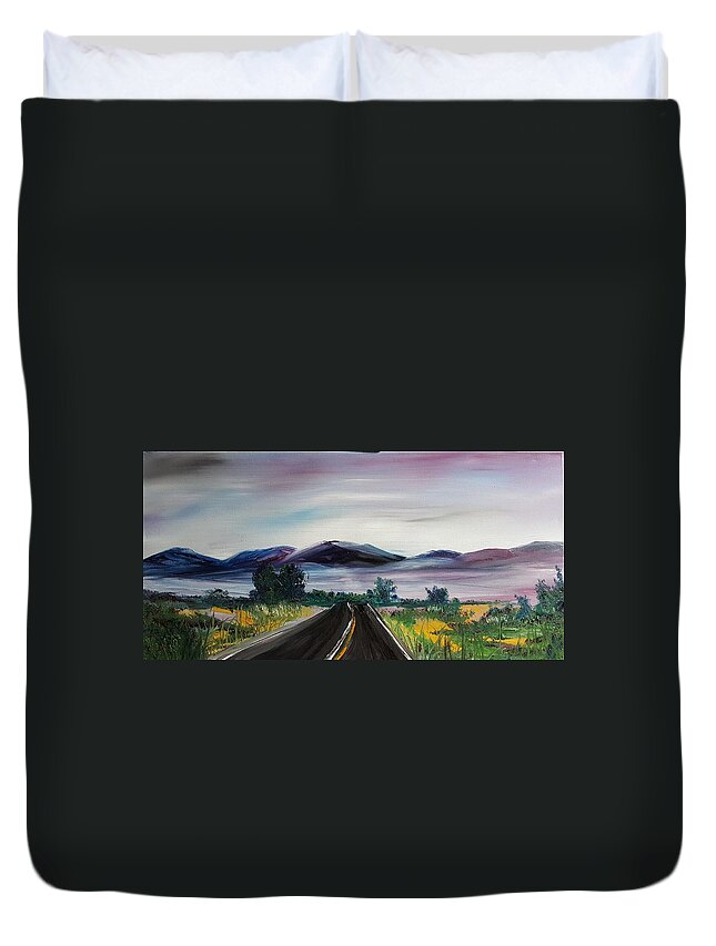 Impressionistic Montana Highway Duvet Cover featuring the painting Montana Road Time   89 by Cheryl Nancy Ann Gordon