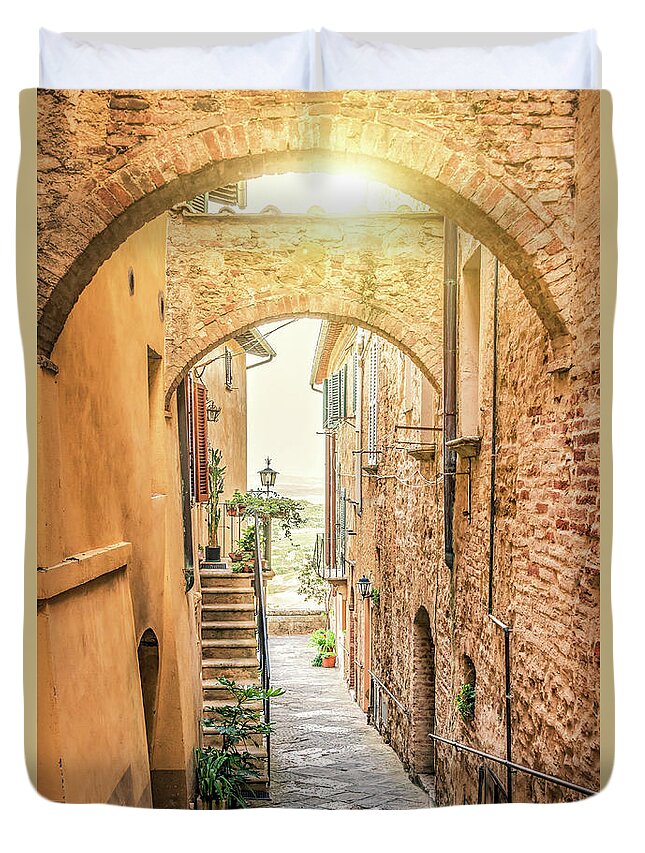 Tuscany Duvet Cover featuring the photograph Village of Montepulciano, Tuscany by Delphimages Photo Creations