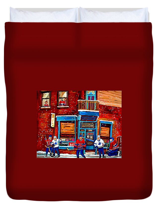 Montreal Duvet Cover featuring the painting Montreal Wilensky Deli By Carole Spandau Montreal Streetscene And Hockey Artist by Carole Spandau