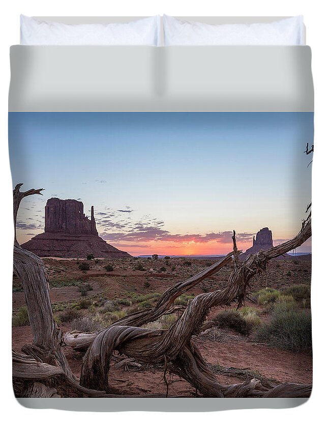 Monument Valley Duvet Cover featuring the photograph Monument Valley Sunrise with wood by John McGraw