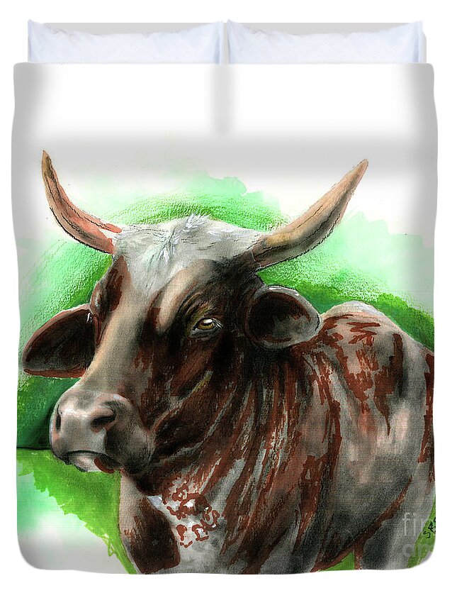 Cow Duvet Cover featuring the drawing Moo 2 by Samantha Strong