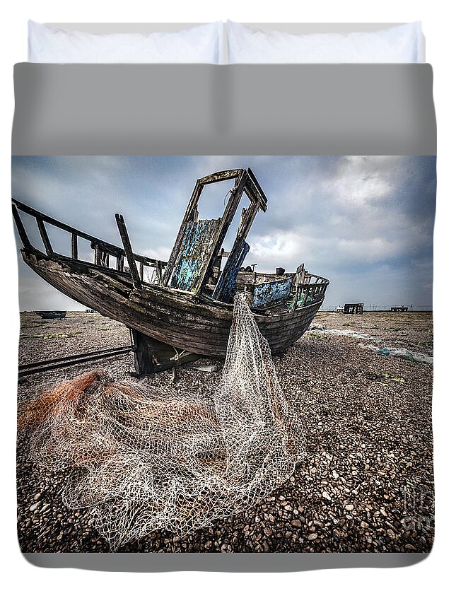 Anchored Duvet Cover featuring the photograph Moody Boat by Svetlana Sewell