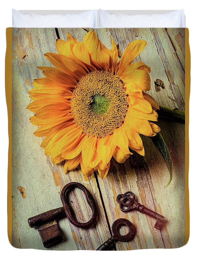 Sunflower Duvet Cover featuring the photograph Moody Sunflower With Keys by Garry Gay