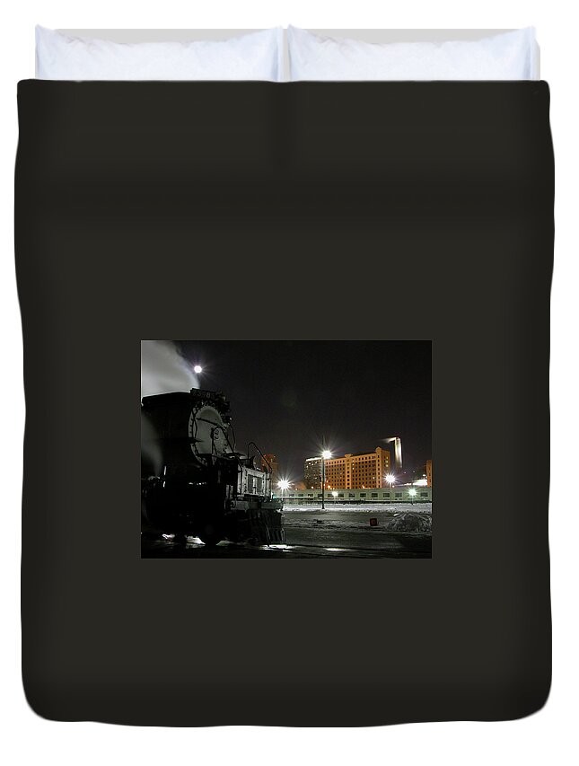 Kansas City Union Train Station Duvet Cover featuring the photograph Moon and Steam by Tim Mulina