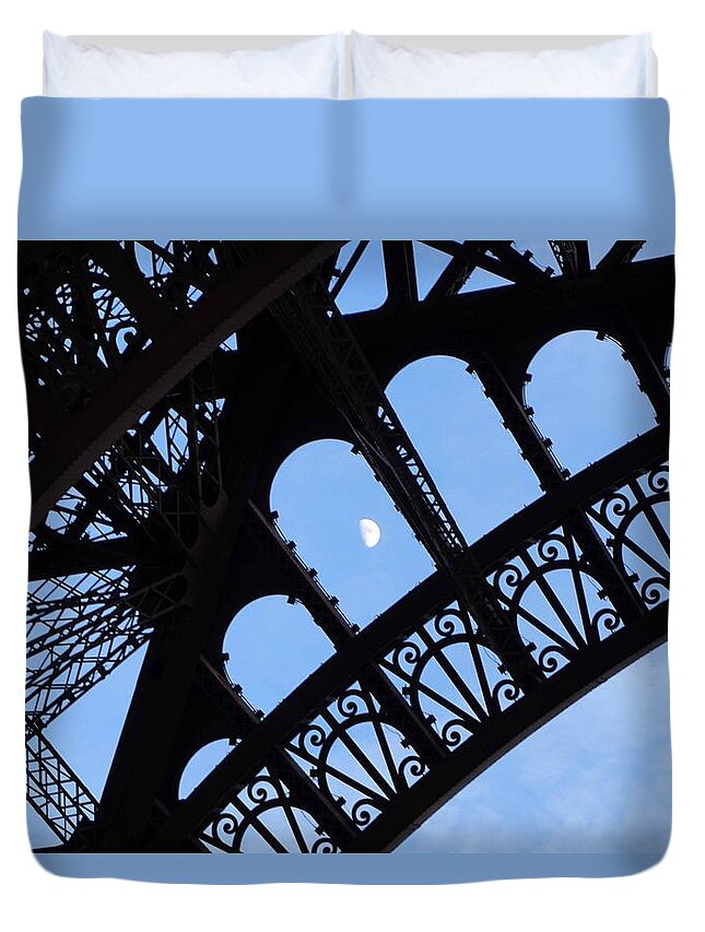 Moon Duvet Cover featuring the photograph Moon 'caught' in the Eiffel Tower by Aurella FollowMyFrench