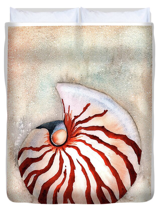 Seahell Duvet Cover featuring the painting Moon Nautilus by Hilda Wagner