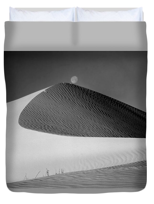 Moon Over Dune Duvet Cover featuring the photograph 214804-BW-Moon over Dune by Ed Cooper Photography