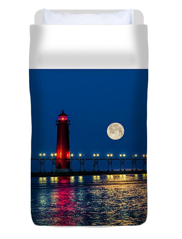 Grand Haven Duvet Cover featuring the photograph Moon over Grand Haven by Nick Zelinsky Jr