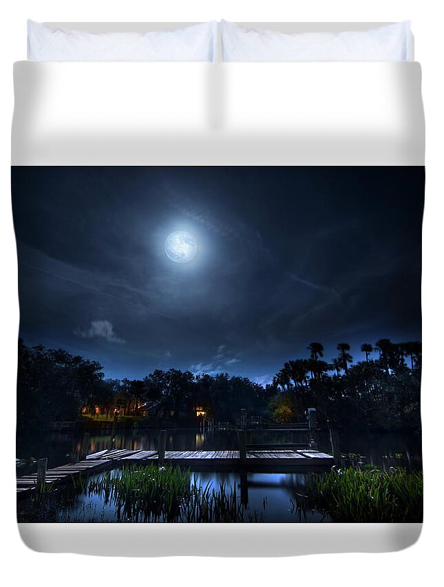 Moon Duvet Cover featuring the photograph Moon Over The River by Mark Andrew Thomas