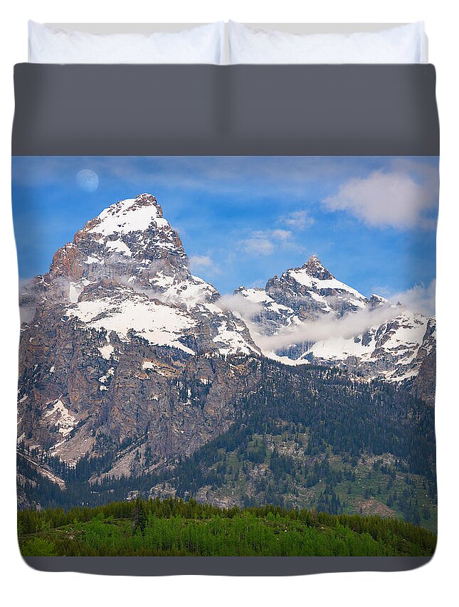 Moon Duvet Cover featuring the photograph Moon Over the Tetons by Darren White