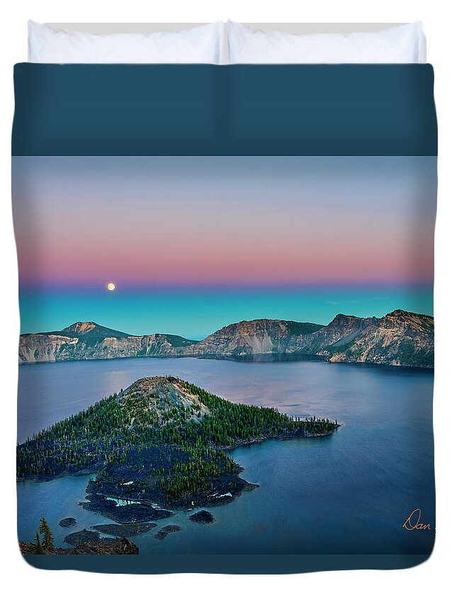 Crater Lake Duvet Cover featuring the photograph Moon over Wizard Island by Dan McGeorge