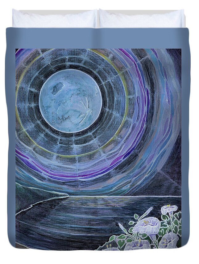 Moon Duvet Cover featuring the painting Moonflowers on the Supermoon by Amelia Stephenson at Ameliaworks