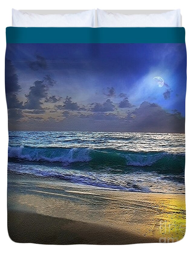Beach Duvet Cover featuring the photograph Moonlit Beach Seascape Treasure Coast Florida C4 by Ricardos Creations