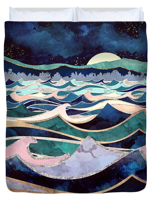 Ocean Duvet Cover featuring the digital art Moonlit Ocean by Spacefrog Designs