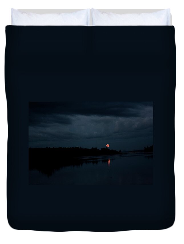 Night Duvet Cover featuring the photograph Moonrise Over Blue Hill Bay by Greg DeBeck