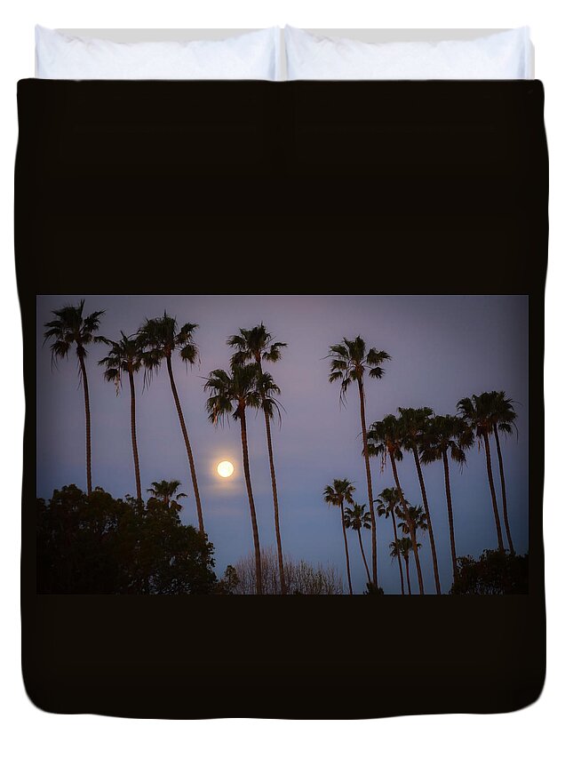 Moon Duvet Cover featuring the photograph Moonset Palms by Richard Cheski