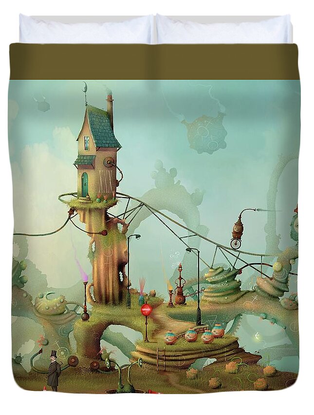 Time Travel Duvet Cover featuring the painting Moonshine Manor the finest distillery west of the sun by Joe Gilronan