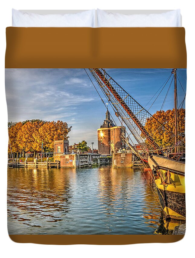 Boat Duvet Cover featuring the photograph Moored in Enkhuizen by Frans Blok