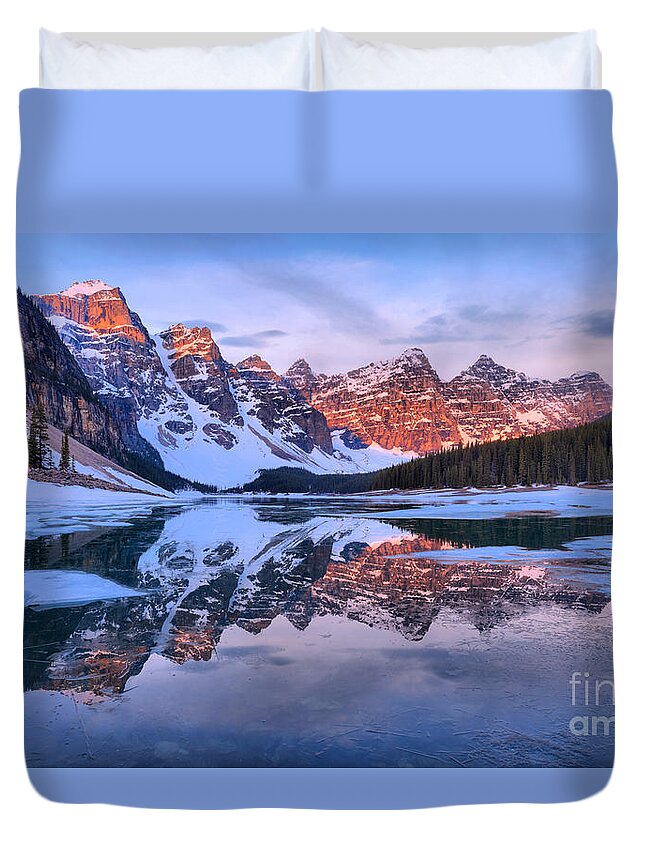 Moraine Lake Duvet Cover featuring the photograph Moraine Lake Spring Reflection Panorama by Adam Jewell
