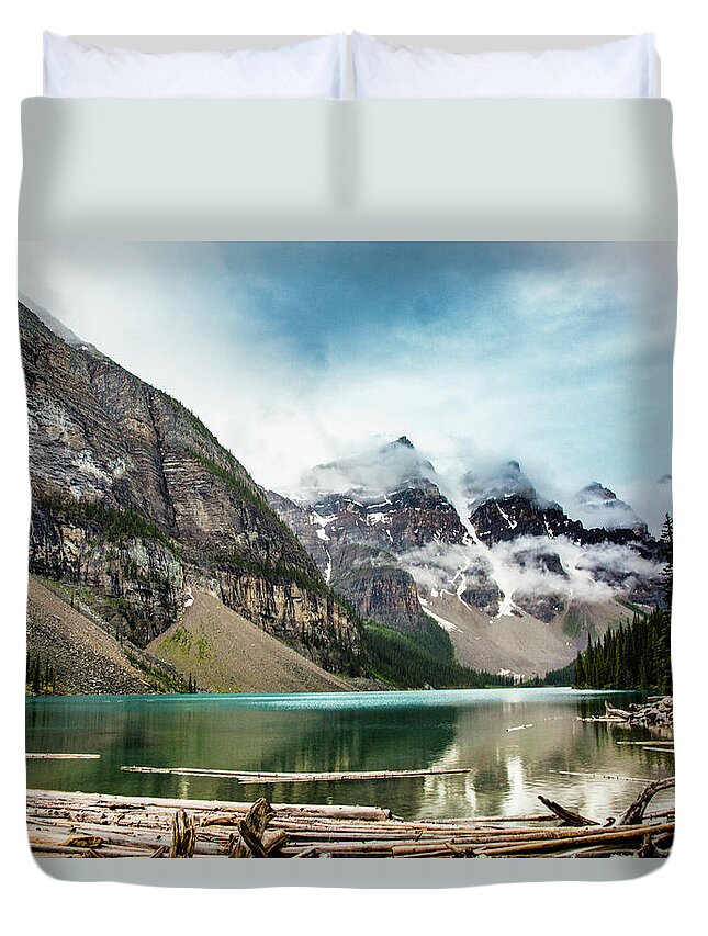 Moraine Duvet Cover featuring the photograph Moraine Lake in the Rain by Monte Arnold