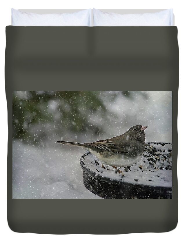 Bird Duvet Cover featuring the photograph More Snow? by Cathy Kovarik