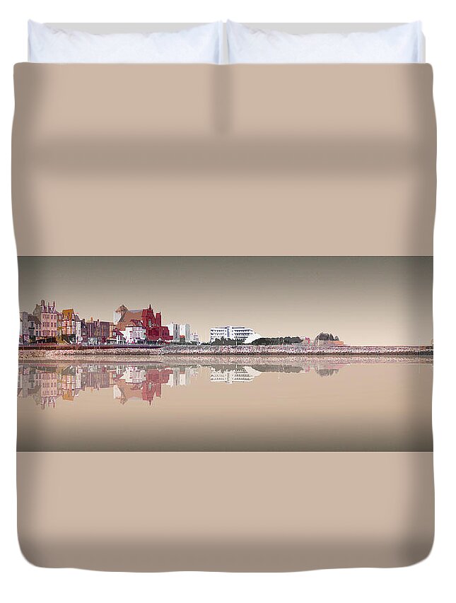 Morecambe Duvet Cover featuring the digital art Reflection Morecambe 2 - Sepia by Joe Tamassy