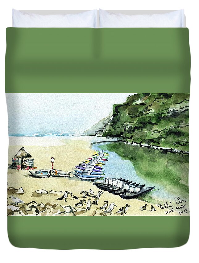 Portugal Duvet Cover featuring the painting Morning At Porto Novo Beach by Dora Hathazi Mendes