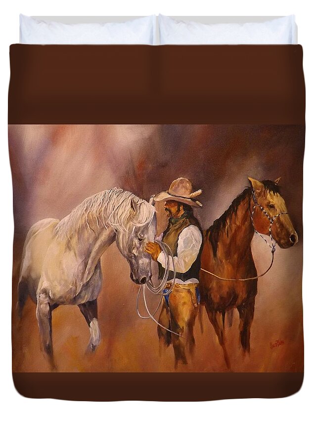Western Duvet Cover featuring the painting Morning Choice by Barry BLAKE