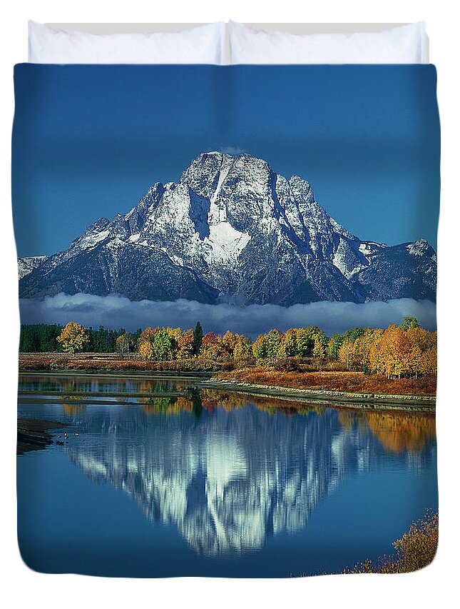 Dave Welling Duvet Cover featuring the photograph Morning Cloud Layer Oxbow Bend In Fall Grand Tetons National Park by Dave Welling