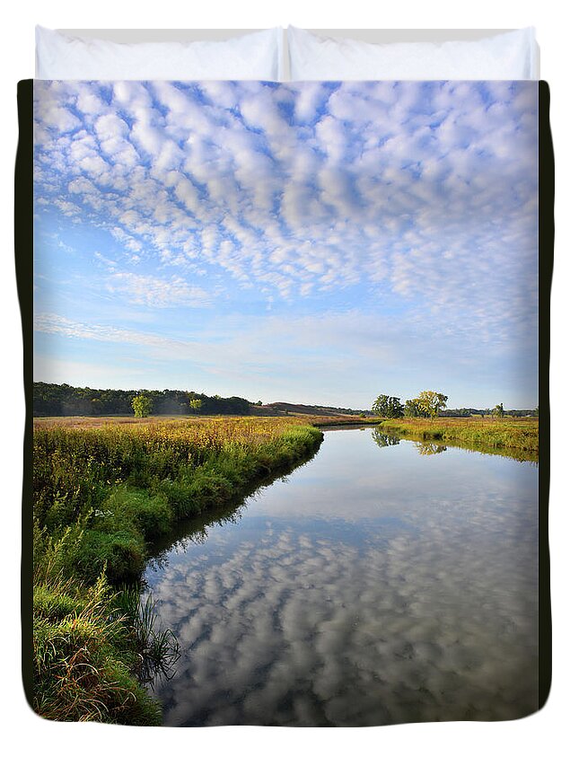 Mchenry County Conservation District Duvet Cover featuring the photograph Morning Clouds Reflected in Nippersink Creek in Glacial Park by Ray Mathis