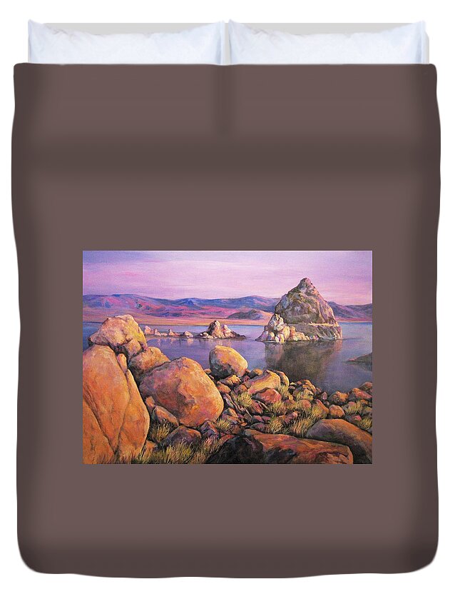 Nature Duvet Cover featuring the painting Morning Colors at Lake Pyramid by Donna Tucker