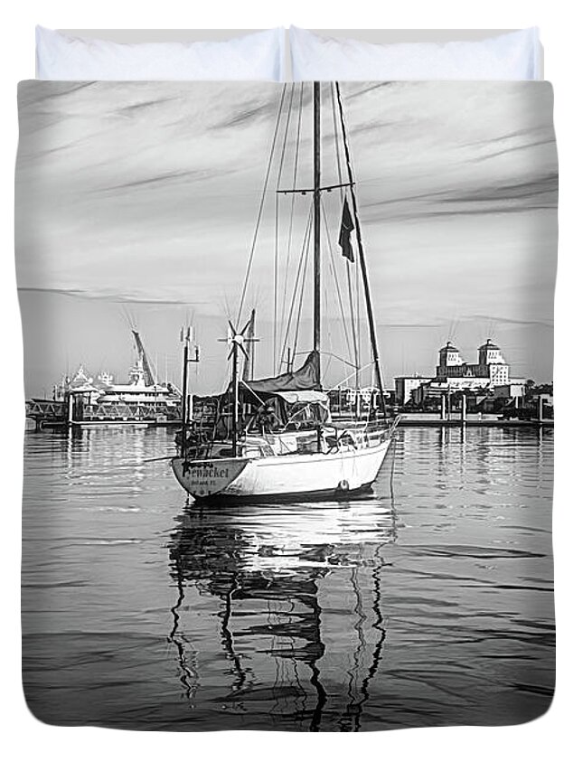 Boats Duvet Cover featuring the photograph Morning Float in Black and White Sketch by Debra and Dave Vanderlaan