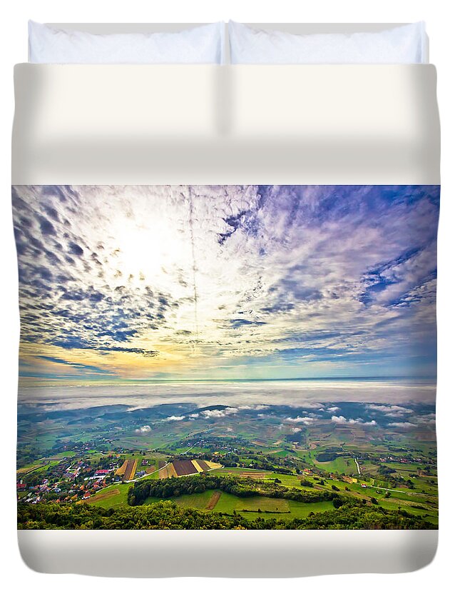 Kalnik Duvet Cover featuring the photograph Morning fog in green hills aerial view by Brch Photography