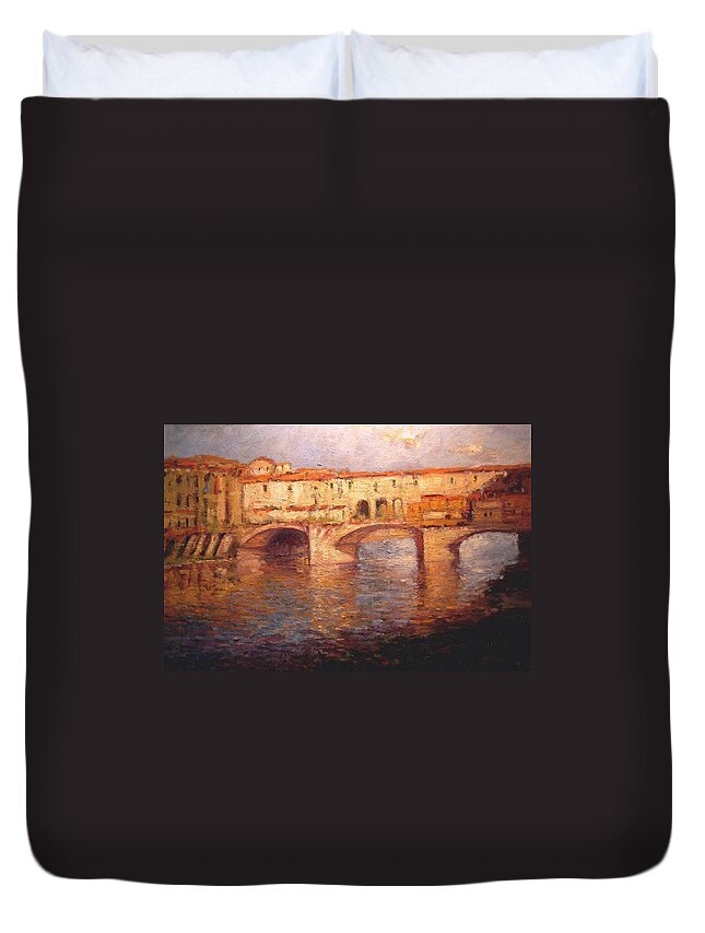 Ponte Vecchio Duvet Cover featuring the painting Morning light on the Ponte Vecchio bridge by R W Goetting