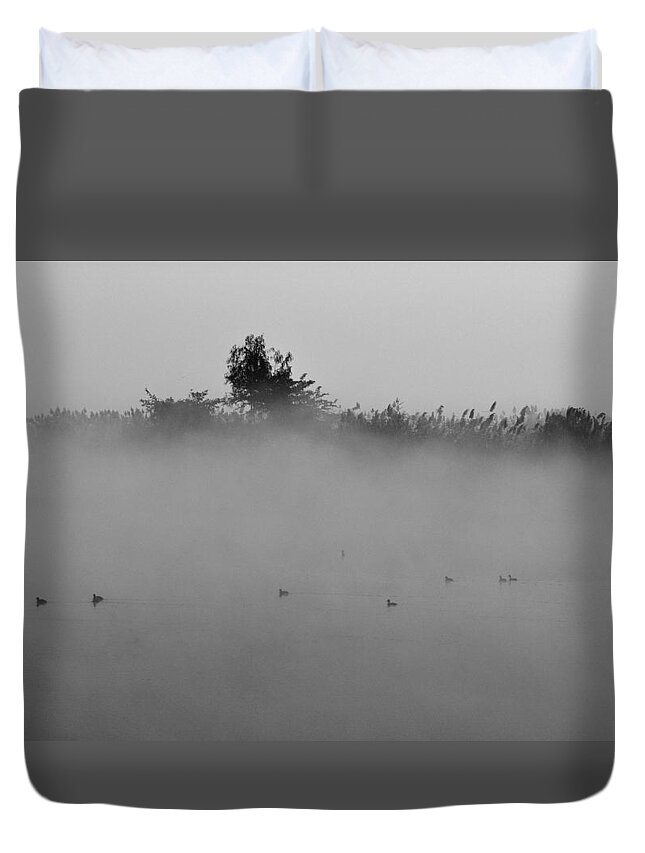Mist Duvet Cover featuring the photograph Morning Mist At Wetland Of Harike by Manjot Singh Sachdeva