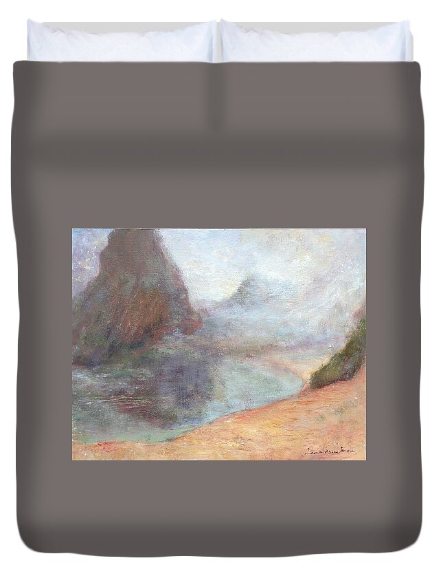 Quin Sweetman Duvet Cover featuring the painting Morning Mist - Original Contemporary Impressionist Painting - Seascape with Fog by Quin Sweetman
