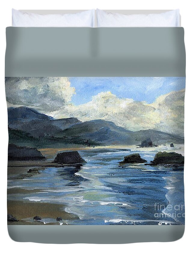 Oregon Duvet Cover featuring the painting Morning Mists Oregon Coast by Randy Sprout