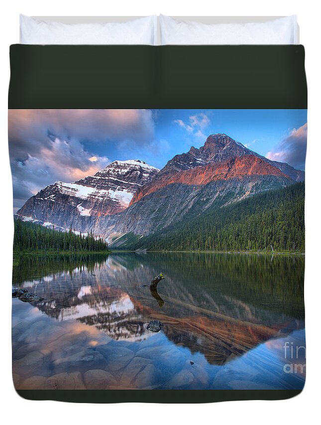  Duvet Cover featuring the photograph Morning Reflections In Cavell Pond by Adam Jewell