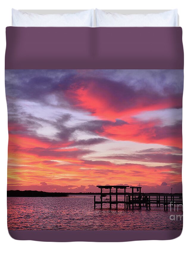 River Prints Duvet Cover featuring the painting Morning River boat dock by Julianne Felton