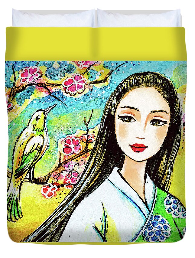 Asian Woman Duvet Cover featuring the painting Morning Spring by Eva Campbell