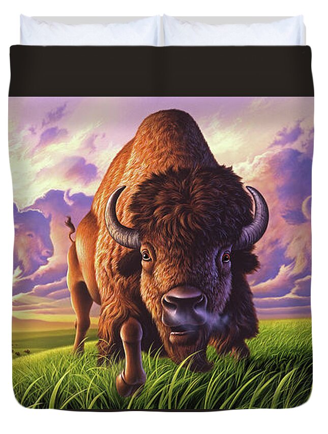Buffalo Duvet Cover featuring the painting Morning Thunder by Jerry LoFaro