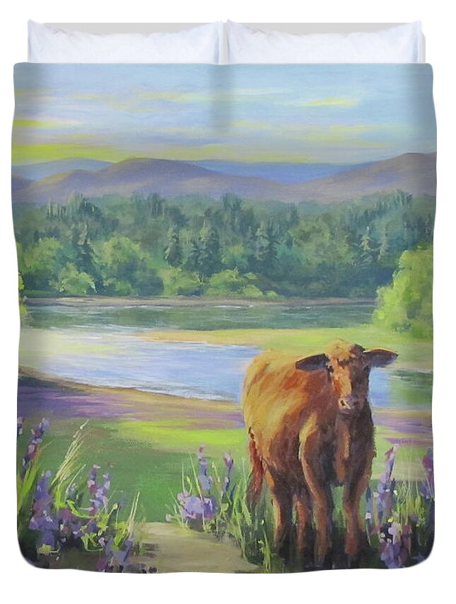 Rural Duvet Cover featuring the painting Morning Walk by Karen Ilari