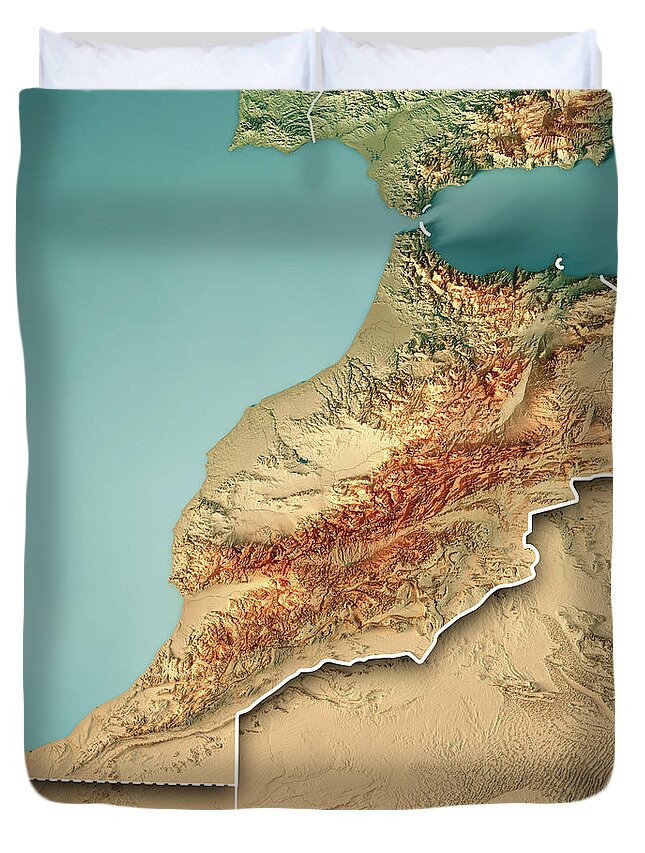 Morocco Duvet Cover featuring the digital art Morocco 3D Render Topographic Map Border by Frank Ramspott