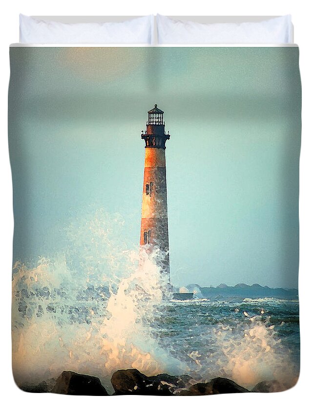 Lighthouse Duvet Cover featuring the painting Morris Island Lighthouse by Lynne Jenkins