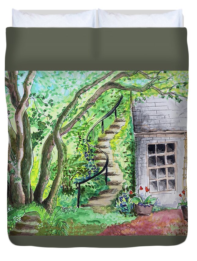 Eugene Duvet Cover featuring the painting Mossy Cottage by Tara D Kemp