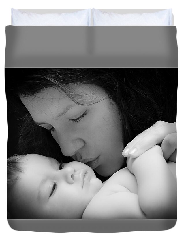 Mother Duvet Cover featuring the photograph Mother and Child in Black and White by Joni Eskridge